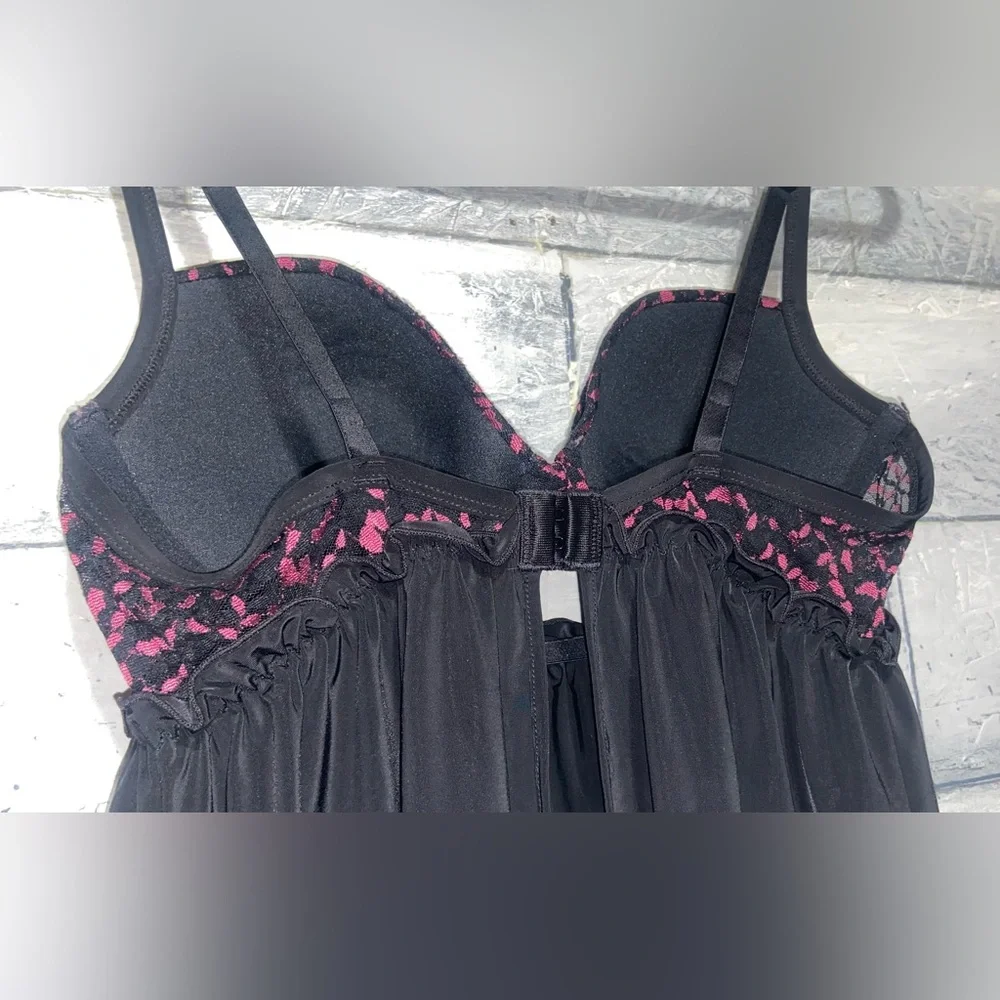 La Senza Babydoll Lingerie Dress Black/Pink Medium Ruffled Hem - Picture 6 of 7